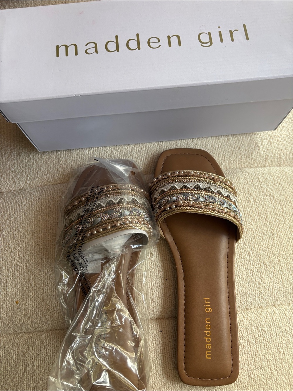 Madden Girl Tan Slide Sandals with Gold Beading